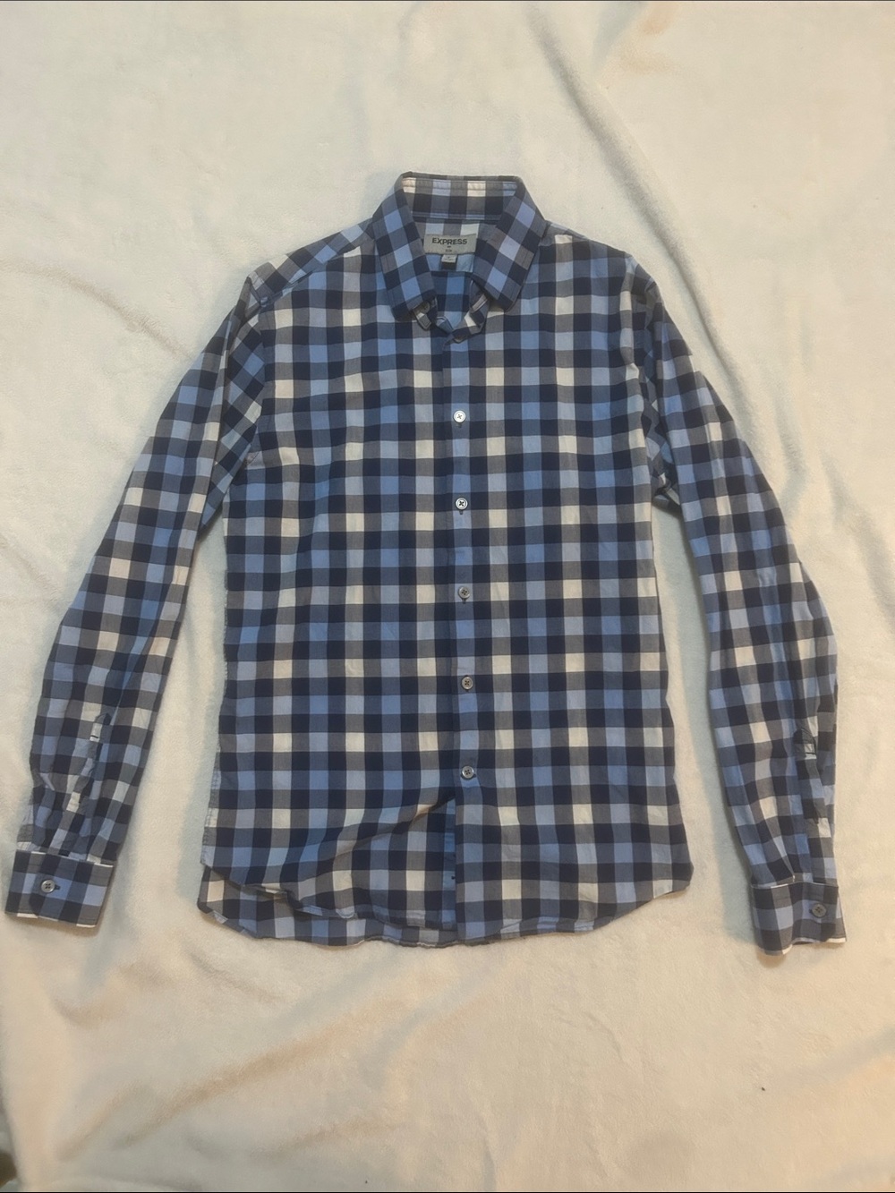 Express Men's Short Button Down Long Sleeve Blue and White Size Small